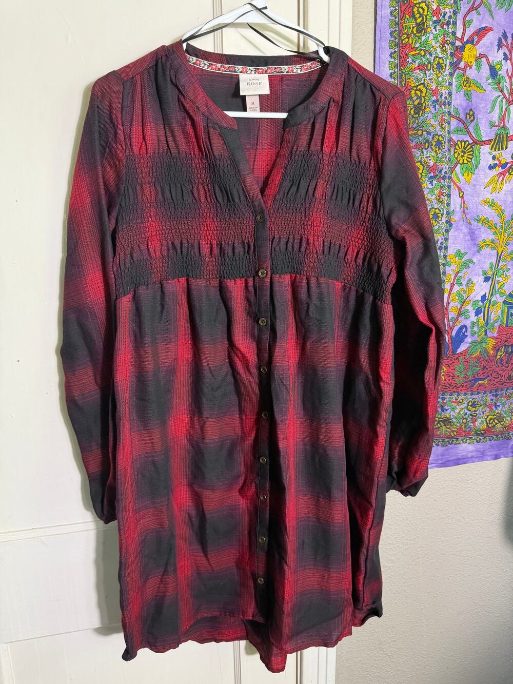 Knox Rose Plaid Babydoll Tunic Top Red Black Smocked Button Front Boho - Medium